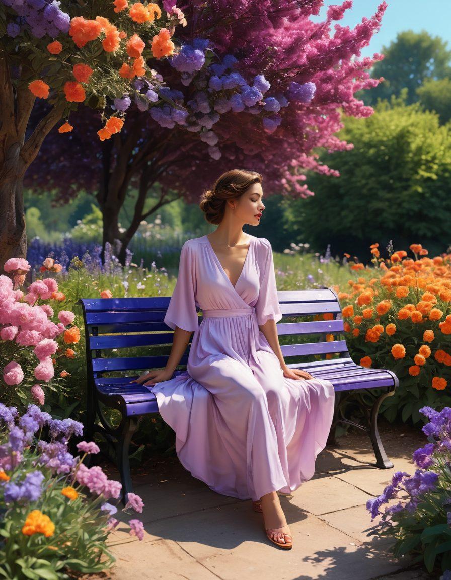 A serene summer scene featuring a stylish figure wearing a flowing, breezy summer outfit, sitting on a bench surrounded by vibrant flowers. In the background, hints of melancholy are depicted with shadowy silhouettes of past lovers integrated into the trees, creating a poignant contrast between joy and heartbreak. The color palette should emphasize warm summer tones with deep purples and blues subtly illustrating sadness. super-realistic. vibrant colors. dreamy atmosphere.